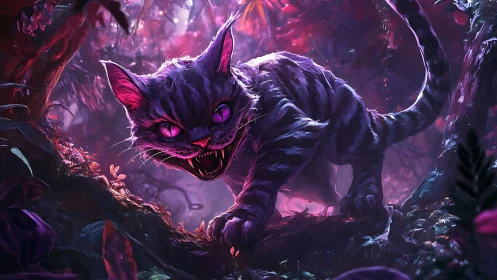 Neon jungle stalker: feral purple cat in electric bloom.