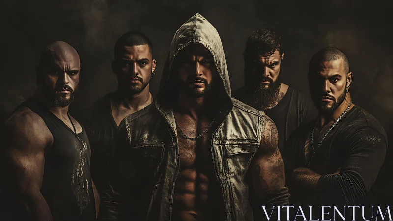 Hooded alpha male leads muscular squad in cinematic low key