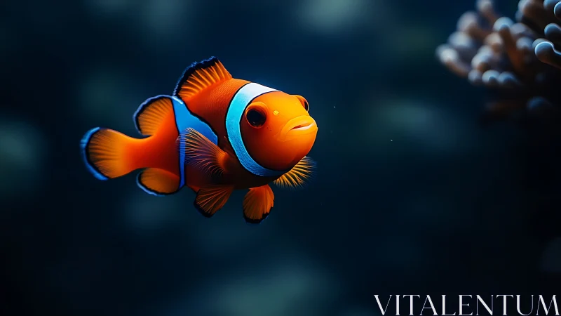 Clownfish drifts through deep blue water in crisp detail.