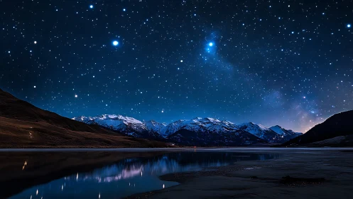 Midnight mountains rest quietly under a sparkling starry sky