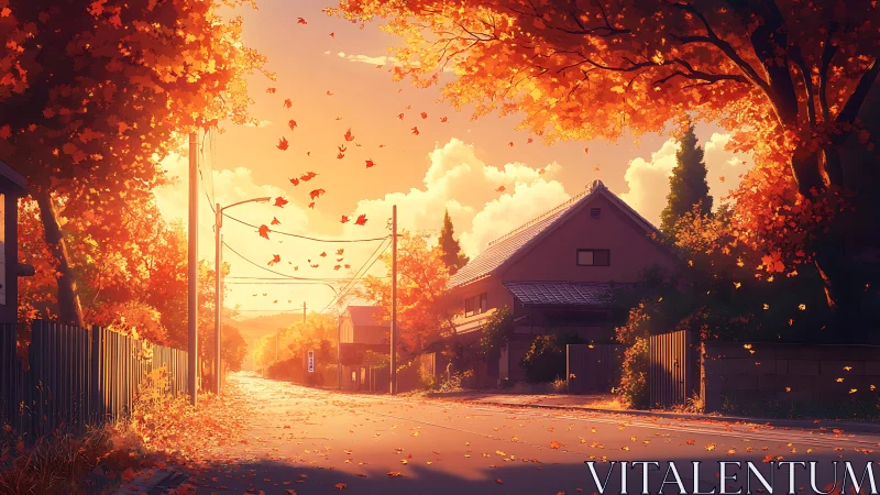 Radiant autumn street under volumetric evening backlight.