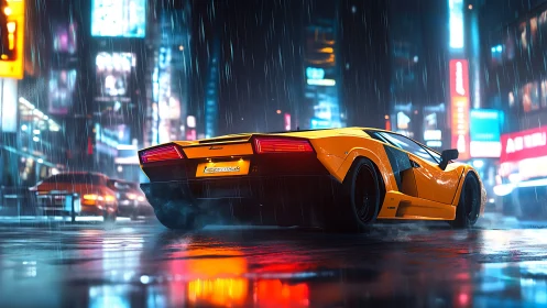 Neon‑lit rain‑soaked street with orange supercar rear view