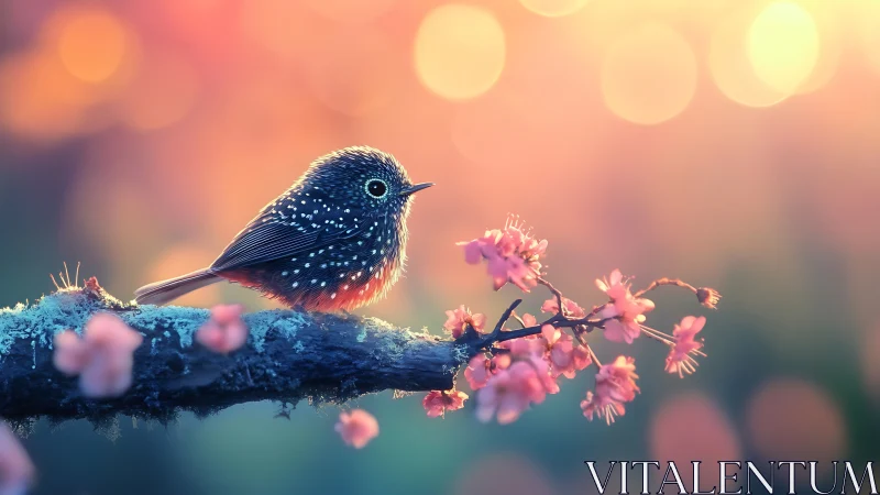 Small speckled bird on cherry blossom branch, dreamy pastel bokeh.