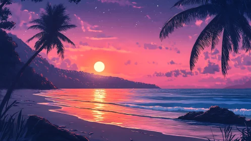Digital seascape with sunset, palm silhouettes and shoreline.