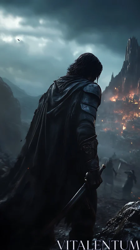 Cloaked swordsman overlooking burning fortress in stormy dusk