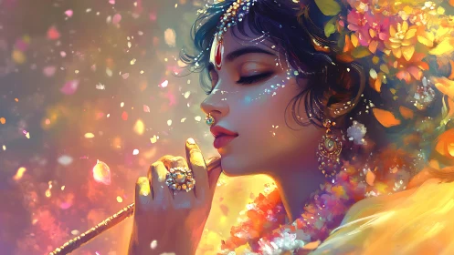 Dreamy flower crowned muse in glowing golden light.