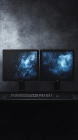 Dual monitors display cosmic nebula on minimalist desk setup.