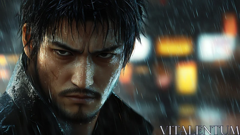 Rain-soaked vigilante portrait renders hyperreal urban tension
