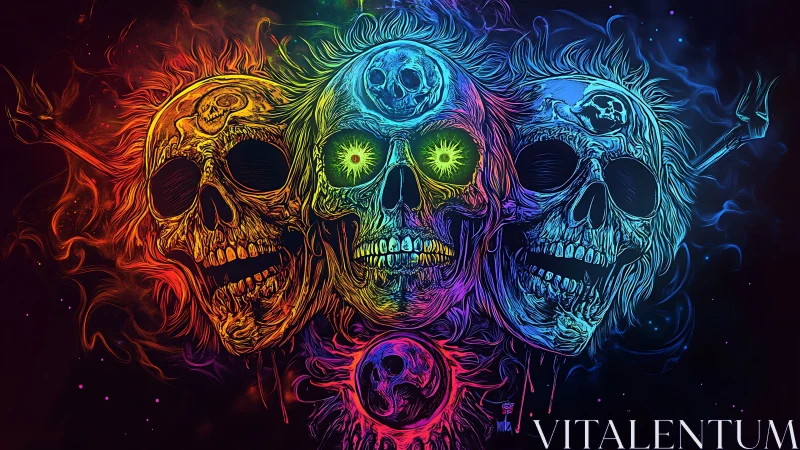 Prismatic triple skulls ignite neon storm of spectral fire.