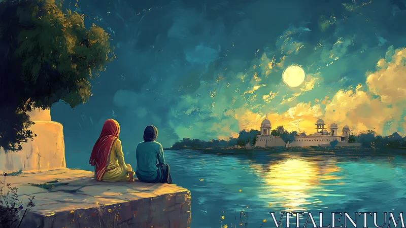 Two seated figures by river facing illuminated riverside complex.