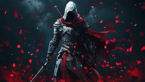 Hooded crimson knight emerges through storm of scarlet petals.