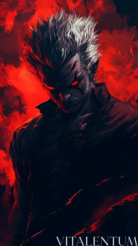 Infernal humanoid silhouette with high-contrast chromatic combustion.