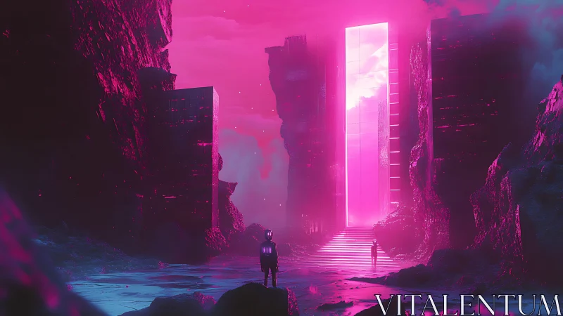 Neon Monolith Gateway in Alien Rift with Atmospheric Depth Mapping.