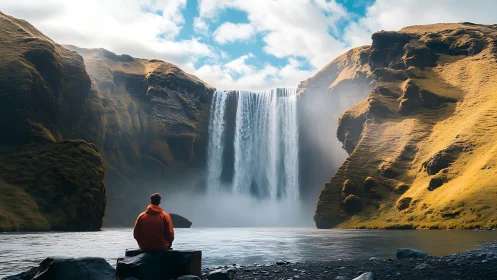 Solitary figure observing misty waterfall in golden canyon.