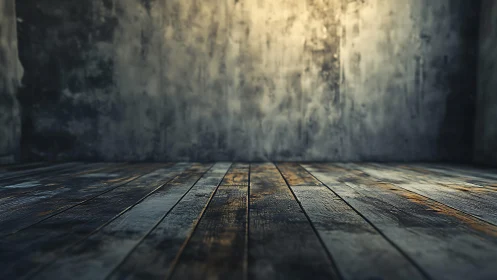 Rustic Wooden Floor and Grunge Wall in Moody Lighting Scene.