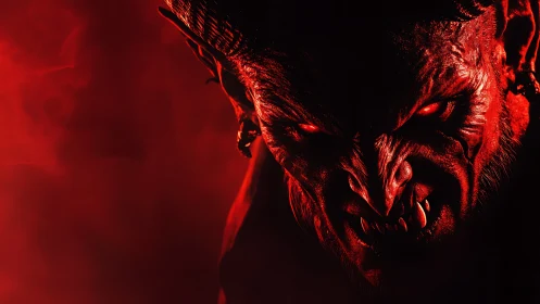 Horned demonic creature head in red monochrome lighting.