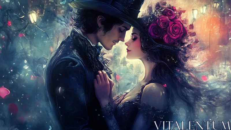 Victorian-Era Figures in Luminous Atmospheric Scene.