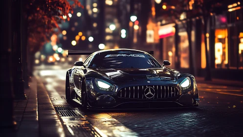 Rendering shows low-angle view of Mercedes AMG on wet street