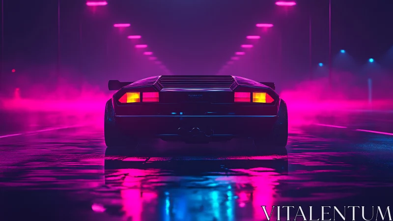 Retro sports car on neon lit wet road at night scene.