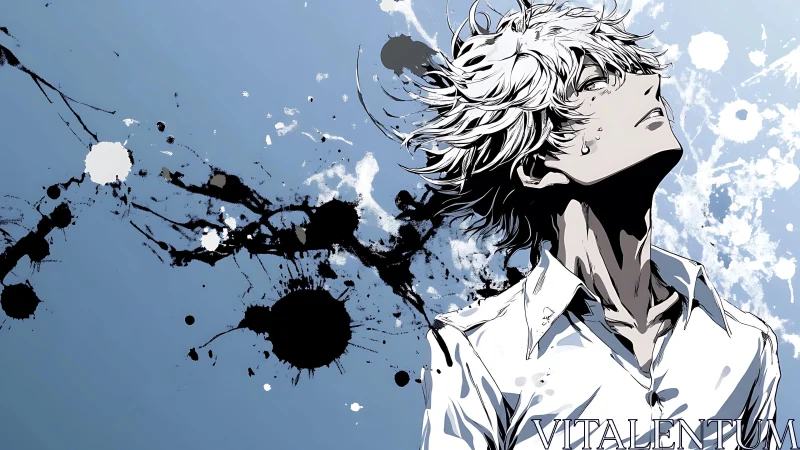 Anime boy under splattered ink sky on blue background.