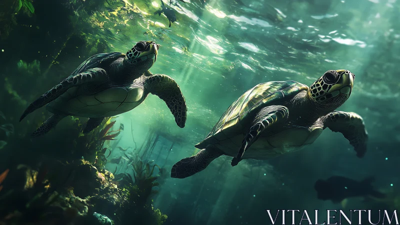 Marine turtles in shallow sunlit water with seagrass habitat.