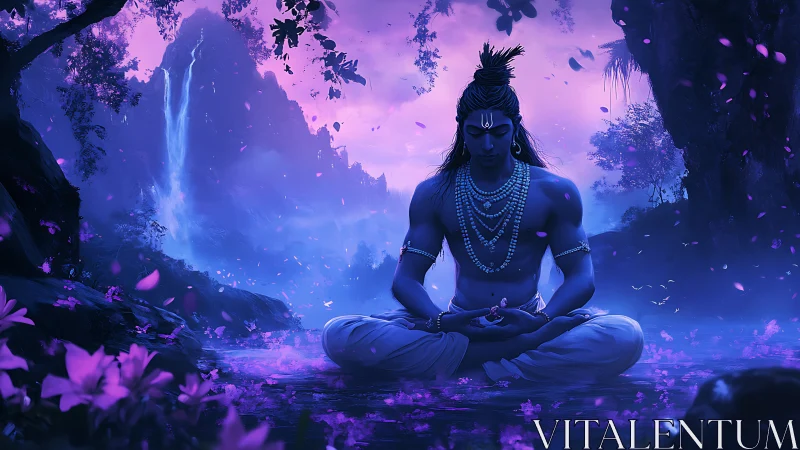 Meditating blue-skinned figure sits in luminous forest pool