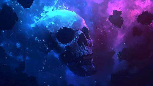 Human skull silhouette forms within blue and magenta nebula