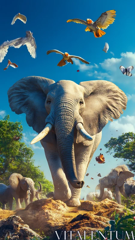 Elephant herd advancing through savanna with circling birds.