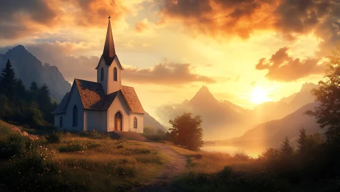 Sunlit mountain chapel rests in a tranquil golden valley