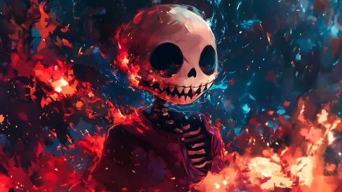Stylized skeletal figure amid high-contrast red blue flame field