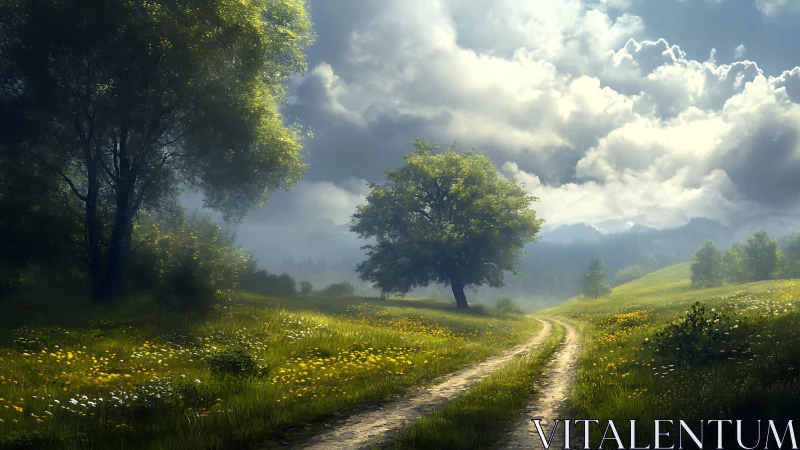 Sunlit country path curves through misty wildflower meadow