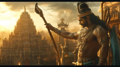 Mythic warrior prince aiming bow over golden temple city.