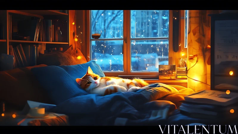 Orange tabby lounges amid amber glow—feline twilight moment.