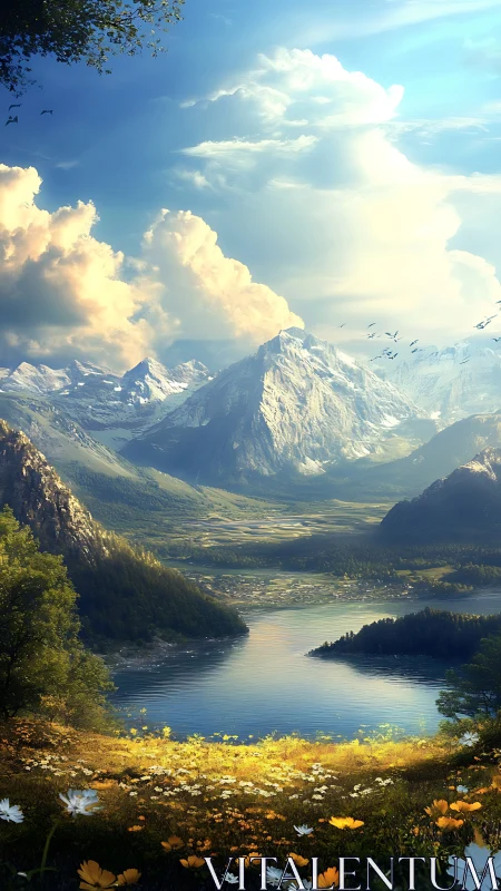 Golden alpine valley surrounds serene glacier-fed lake.