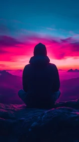 Silhouetted hiker at twilight ridge under magenta cyan sky