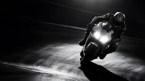 Headlights carve silver speed trails through the midnight track