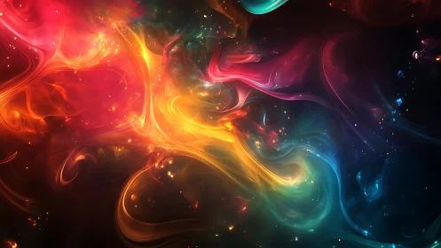 Multicolor swirling nebula forms on dark cosmic background.