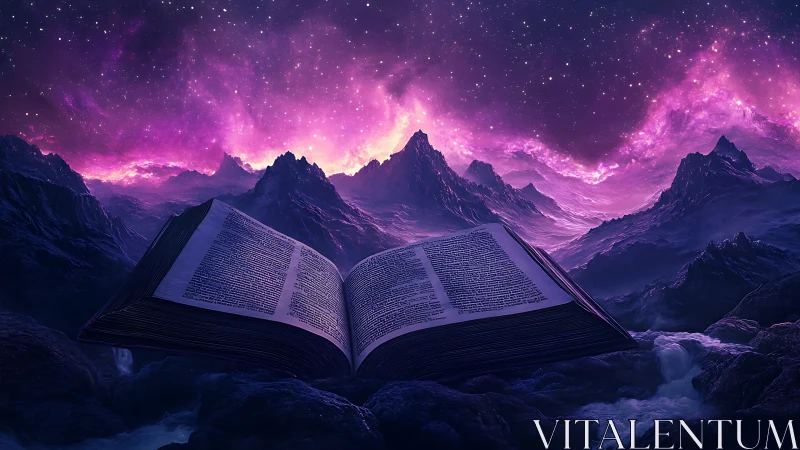 Open cosmic book releases glowing purple mountain skies