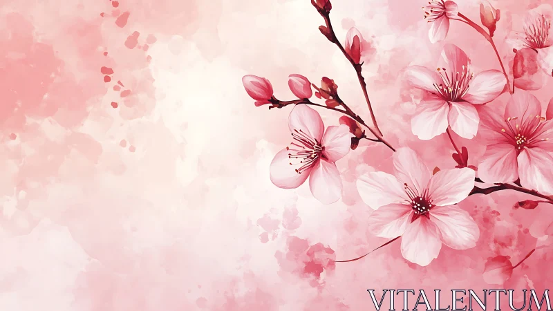 Cherry Blossoms Drift Through Soft Watercolor Wash.