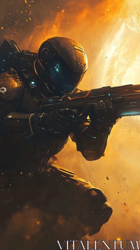 Orbital shock trooper framed by stellar plasma horizon.