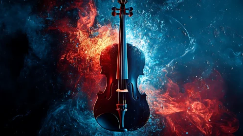 Violin centered amid opposing red fire and blue water.