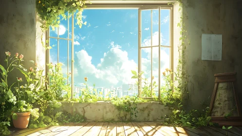 Sunlit studio window frames cityscape beyond wild garden.