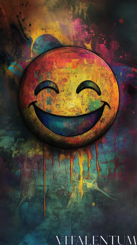 Smiling emoji on textured abstract graffiti background.