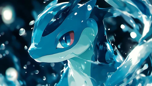 Sleek aquatic creature emerges through swirling water light.