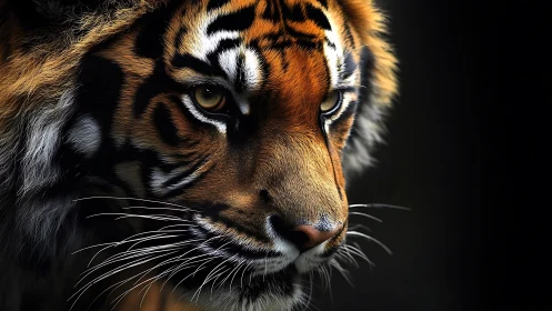 Close tiger portrait with sharp whiskers and dark backdrop.