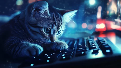 Feline Technologist: Tabby Cat Engaged with Neon-Lit Keyboard Interface.