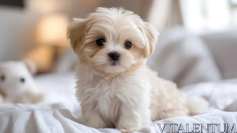 Small light-colored puppy sits on bed in softly lit room