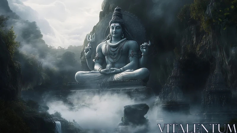 Colossal Shiva statue seated in misty mountain valley.