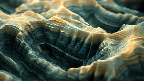 Layered geological microcanyon rendered in shallow depth focus