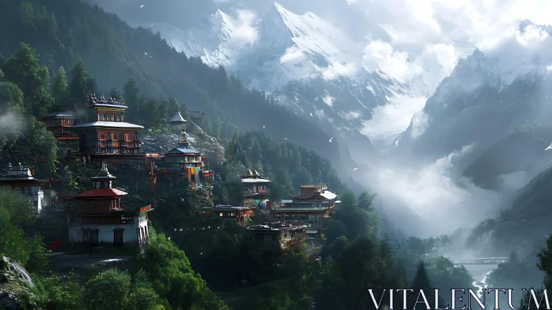 Multi-tier mountain monasteries contrast dense forest and glacial valley